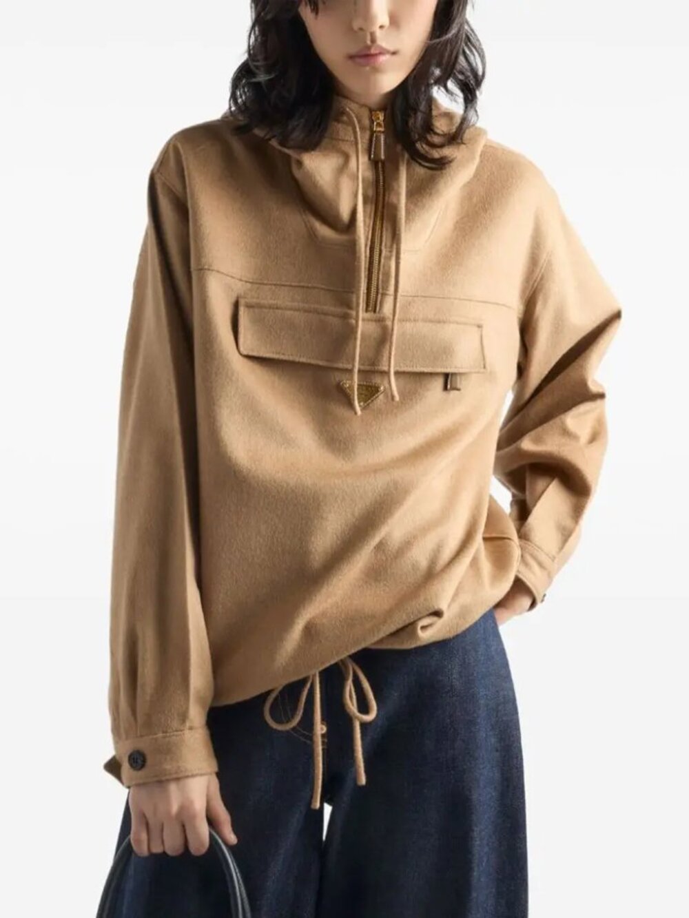 PRADA Beige Camel Camel Hair Zip Hooded Oversized Anorak Jacket 36 / 0